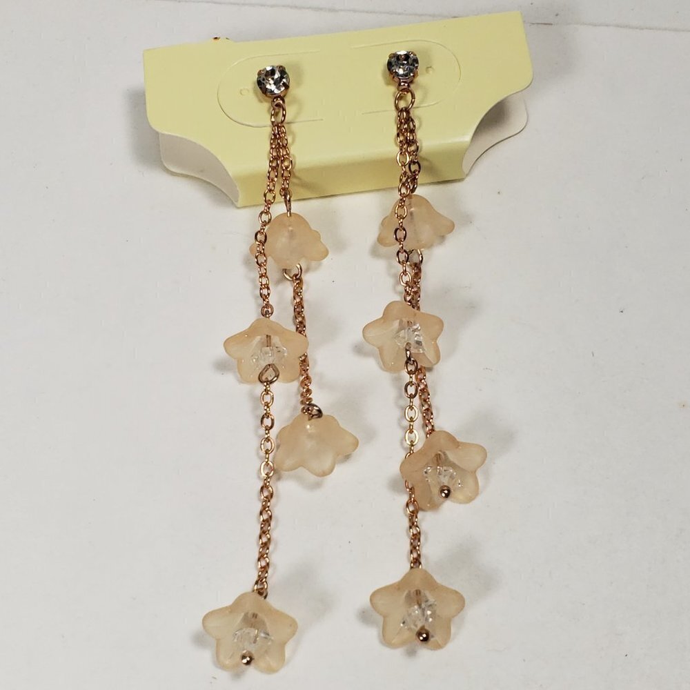 Rose Gold tone & Cream color Flower Crystal 3.5" Drop Dangle Earrings for Women - Picture 5 of 8